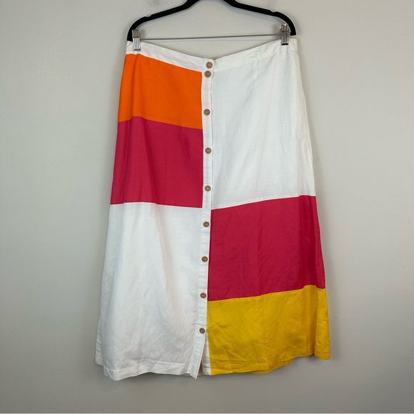 Ashley Stewart | White, Yellow, and Pink Colorblock Button Front Midi Skirt 14 - Picture 1 of 7